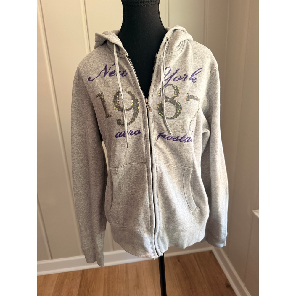 Aeropostale Y2K Zip Up Hoodie Gray Purple Sequin New York 1987 XL
